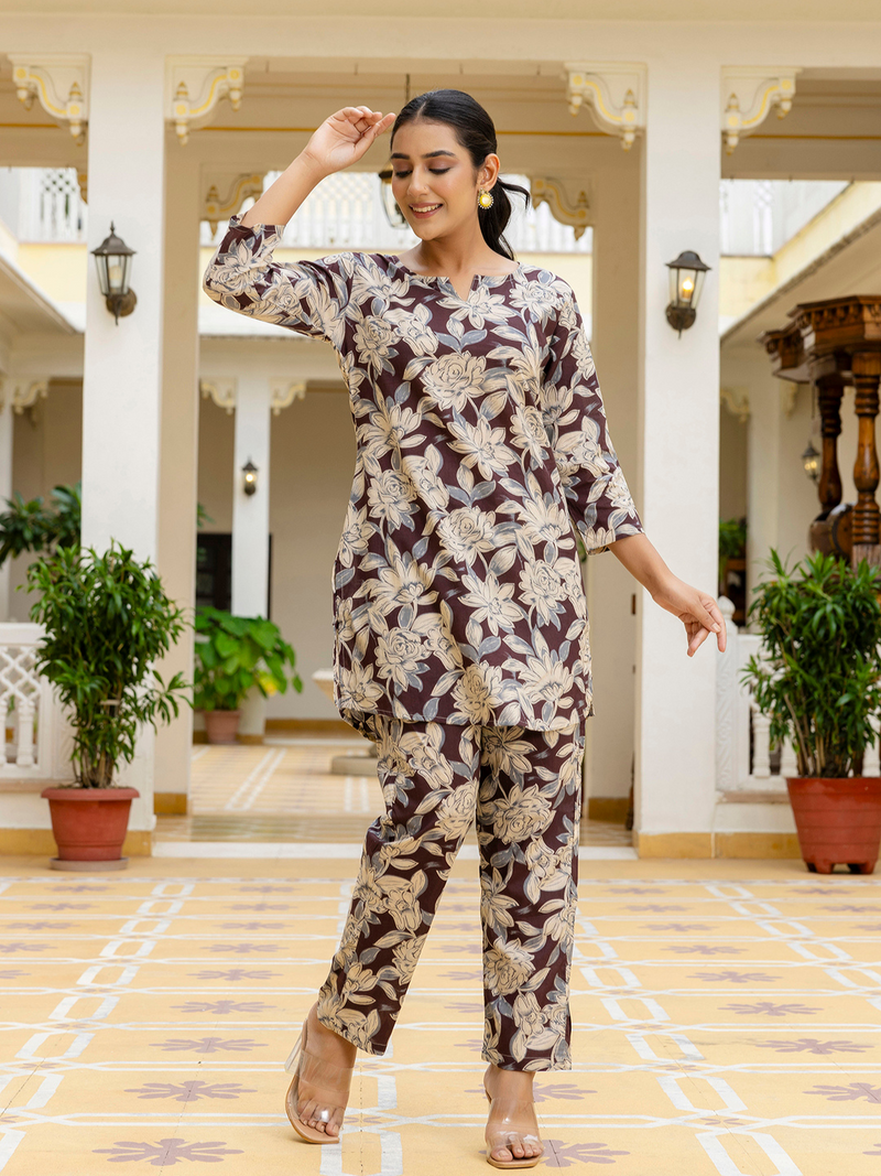 Brown Breezy Printed Cotton Co-Ord Set for Comfortable All-Day Wear