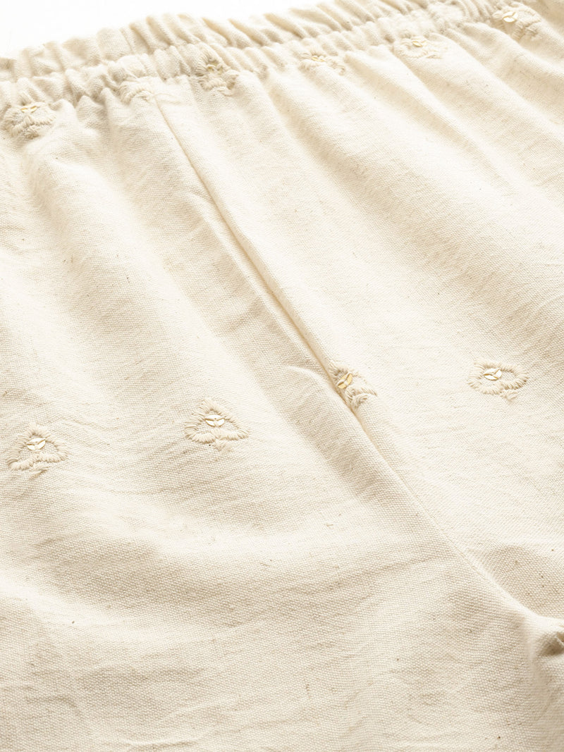 Beige Beige Palazzo|Embroidered, Flax Cotton, Sequin Detail, Ankle-Length, Single Pocket