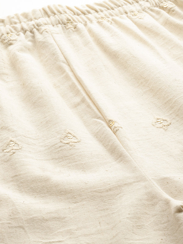 Beige Beige Palazzo|Embroidered, Flax Cotton, Sequin Detail, Ankle-Length, Single Pocket