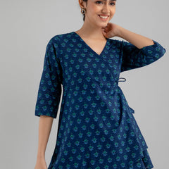 Floral Printed V-Neck Pure Cotton Angrakha A-Line Kurti