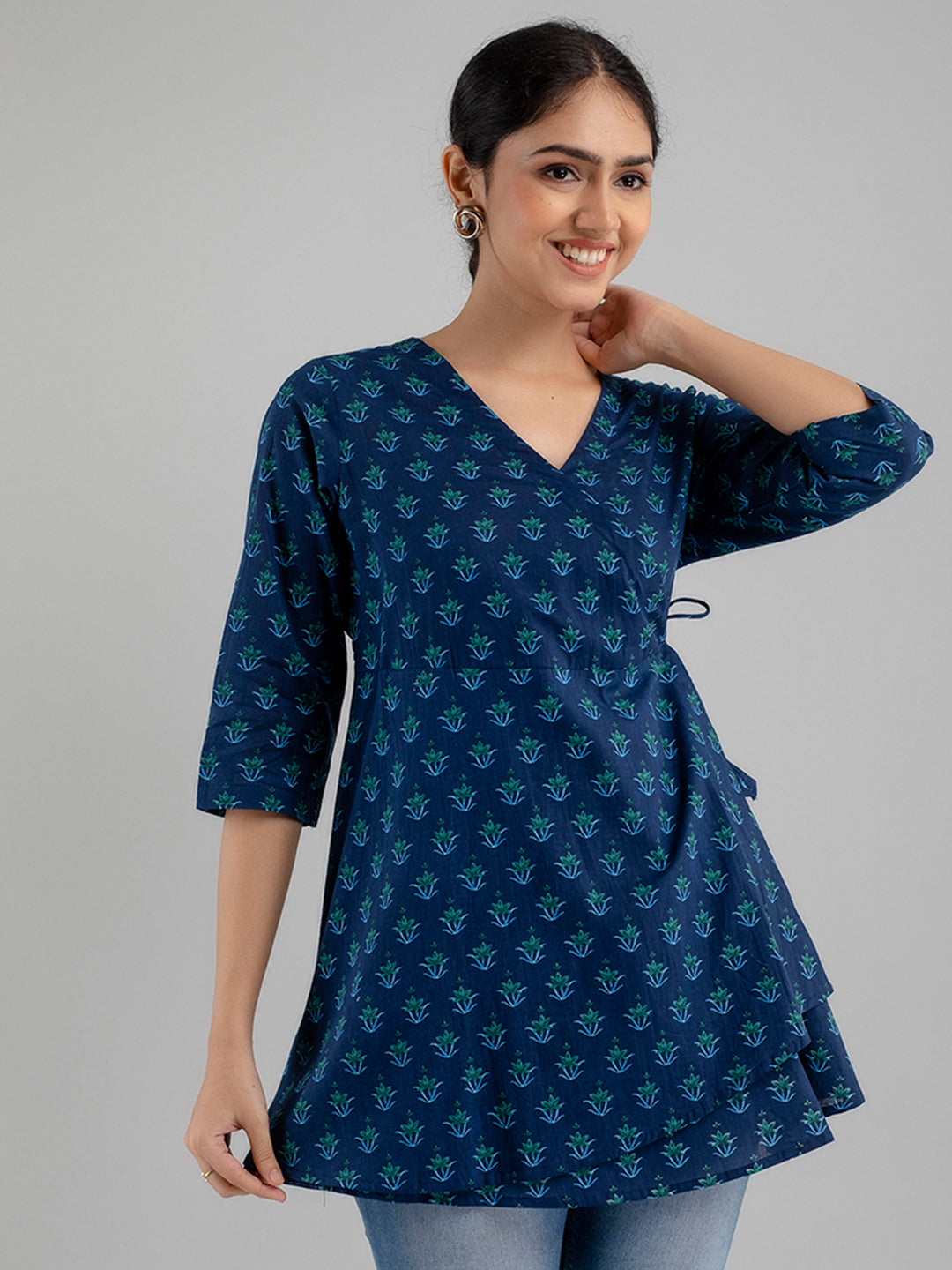 Floral Printed V-Neck Pure Cotton Angrakha A-Line Kurti FRKT6174