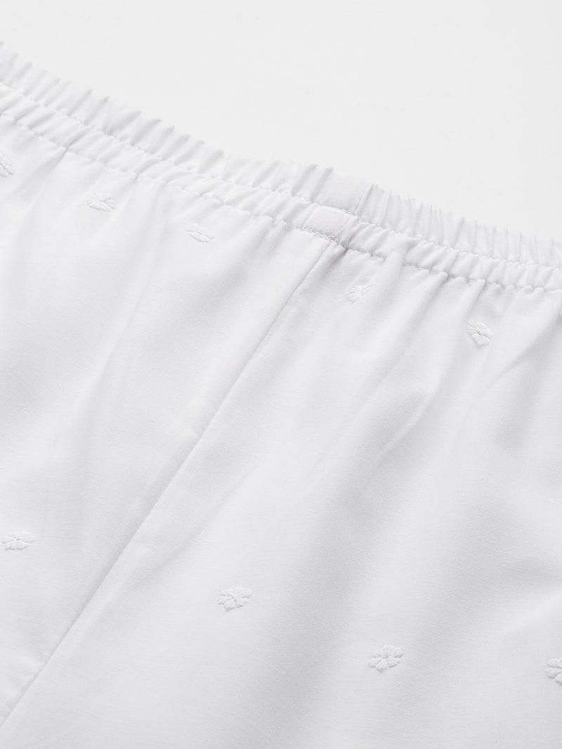 White Embroidered Palazzos–Fully Lined, Elastic Waist & Ankle-Length with Side Pocket