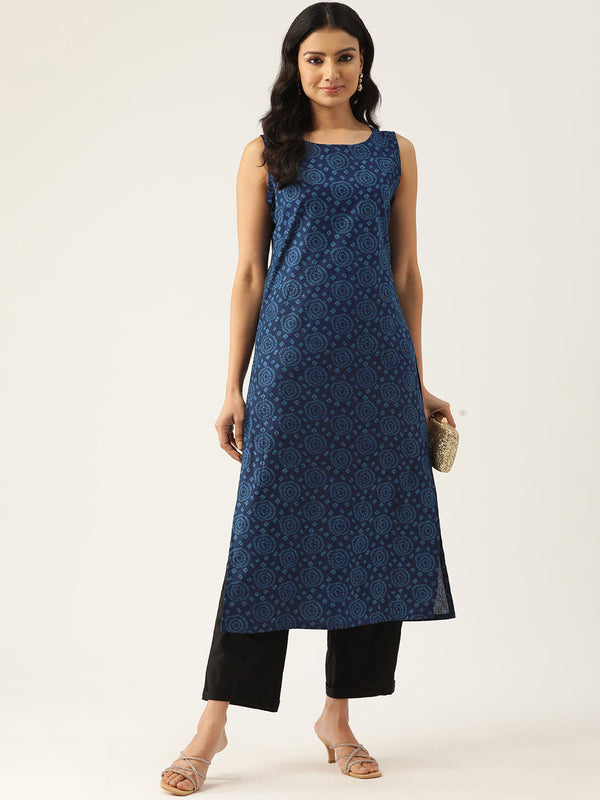 Cotton Boat Neck Sleeveless Straight Kurti