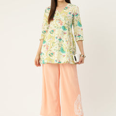 Floral Print Angrakha 3\4 Sleeves Flared Kurti