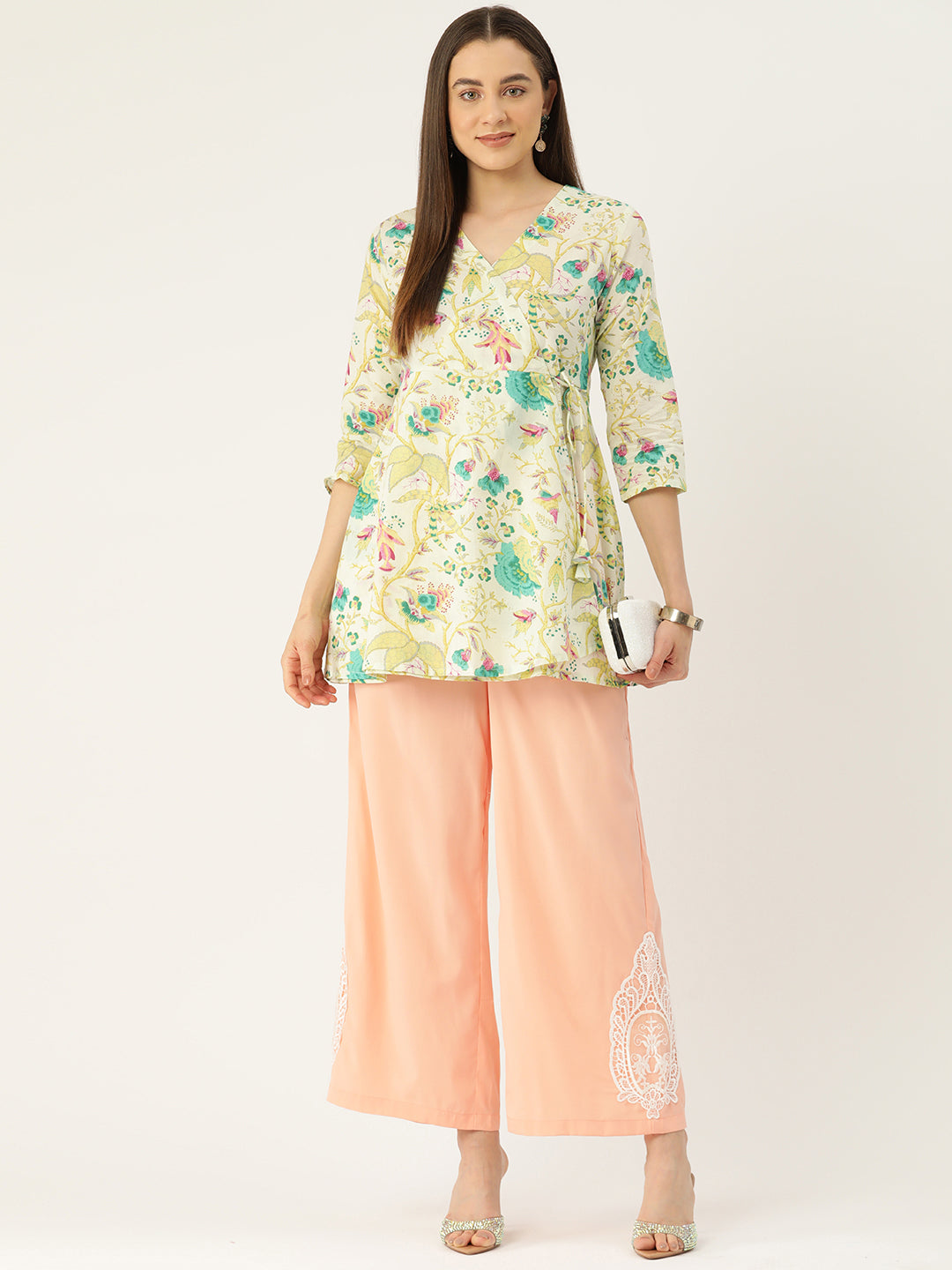 Floral Print Angrakha 3\4 Sleeves Flared Kurti