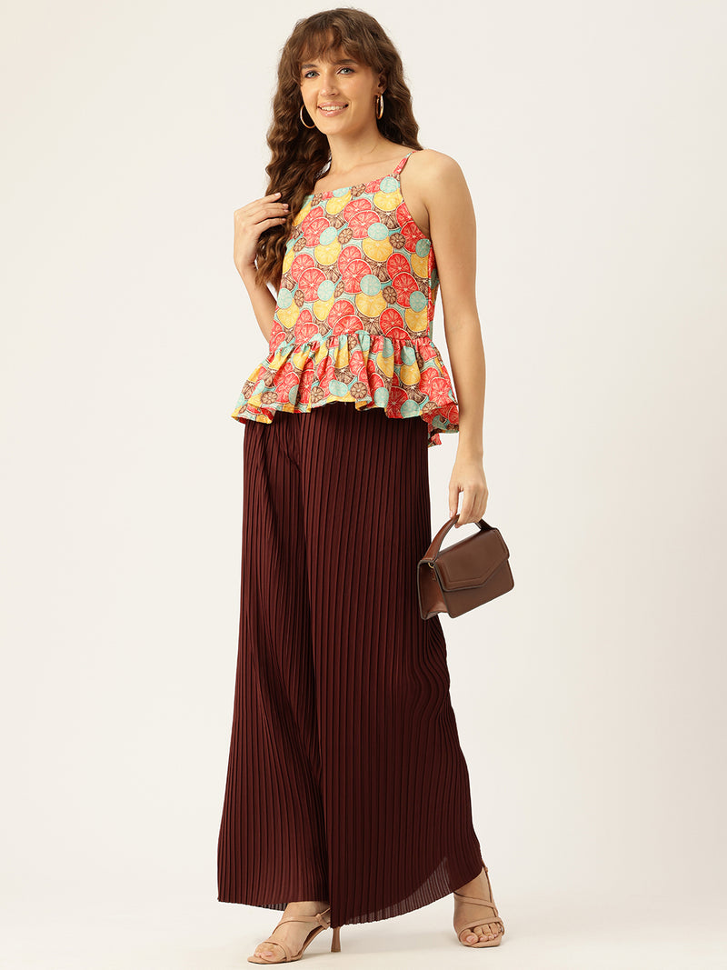 Cropped Sleeveless strap Peplum top with digital print on linen fabric.| Size- Small| Colour - Magenta, Yellow, Aqua