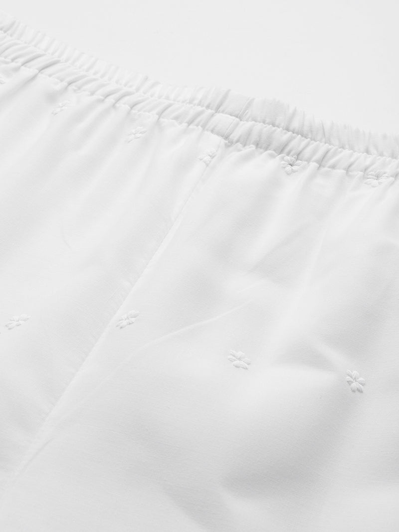 White Embroidered Palazzos–Fully Lined, Elastic Waist & Ankle-Length with Side Pocket