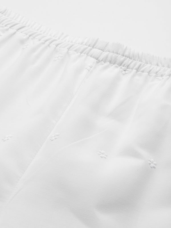 White Embroidered Palazzos–Fully Lined, Elastic Waist & Ankle-Length with Side Pocket