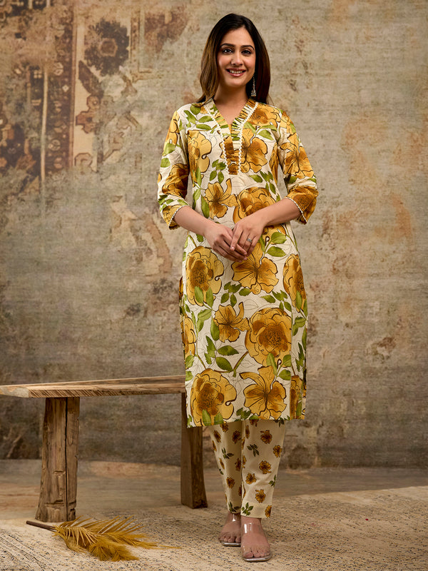 Pure Cotton Off -White Split V-Neck with Gathered Panel 3-Piece Kurta Set with Printed Dupatta