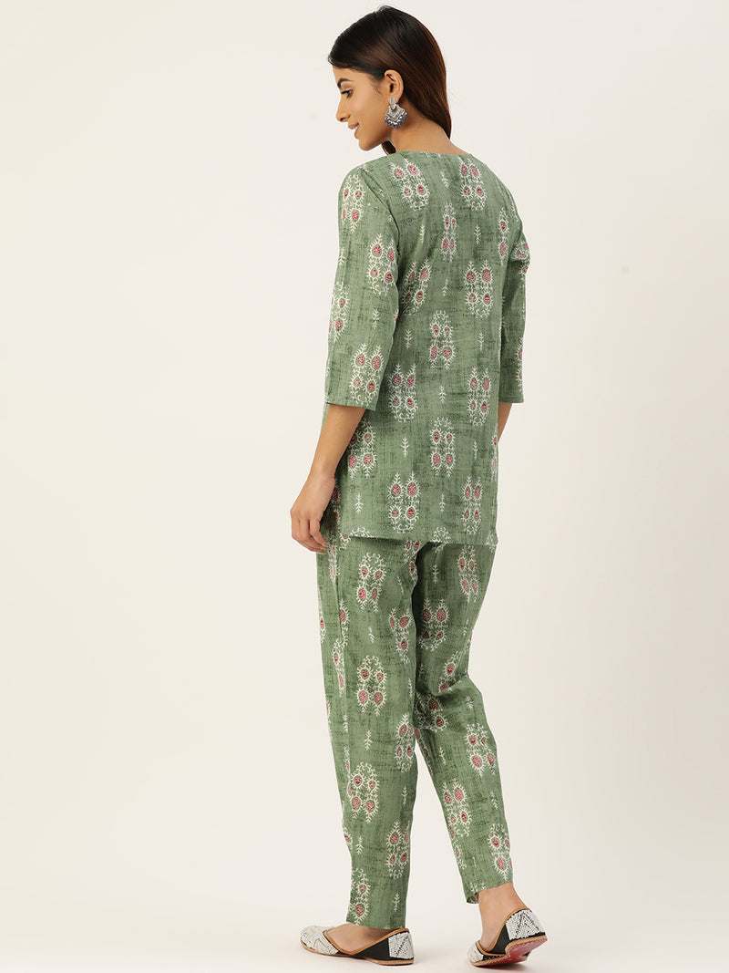 Green Printed Cotton Night Suit with V-Neck Kurti & Ankle-Length Pants