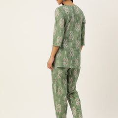 Green Printed Cotton Night Suit with V-Neck Kurti & Ankle-Length Pants