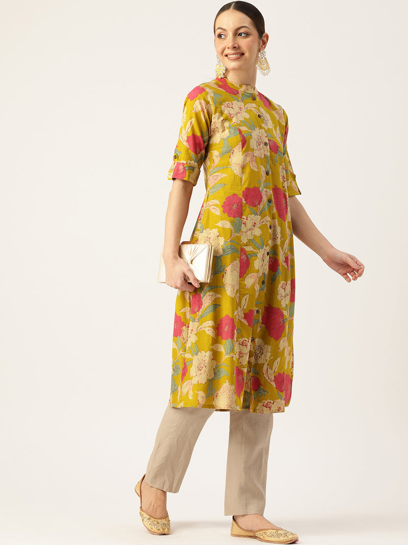 Elegant A-Line Long Kurta for Women - Mandarin Collar with Button Detailing