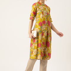 Elegant A-Line Long Kurta for Women - Mandarin Collar with Button Detailing