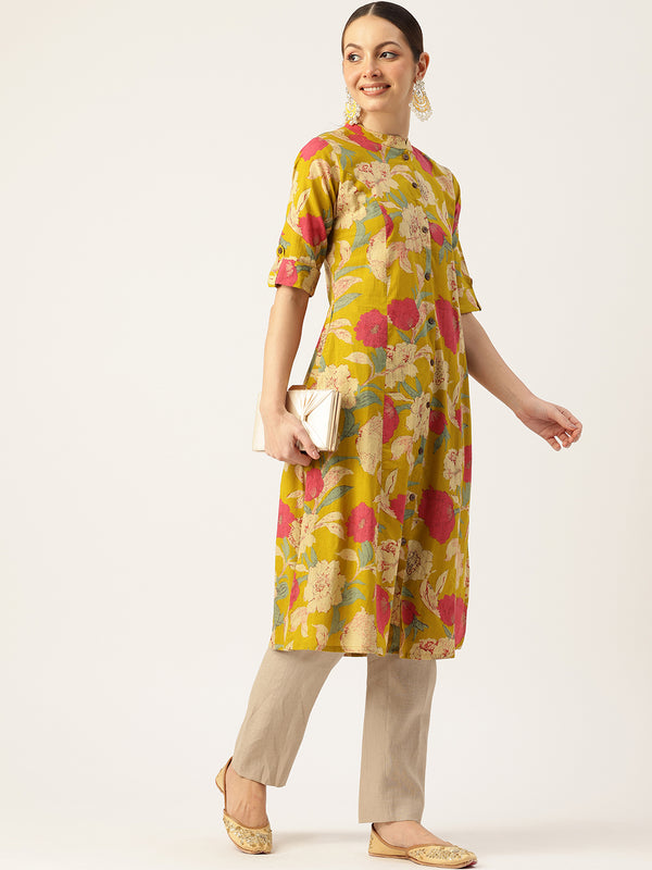 Elegant A-Line Long Kurta for Women - Mandarin Collar with Button Detailing