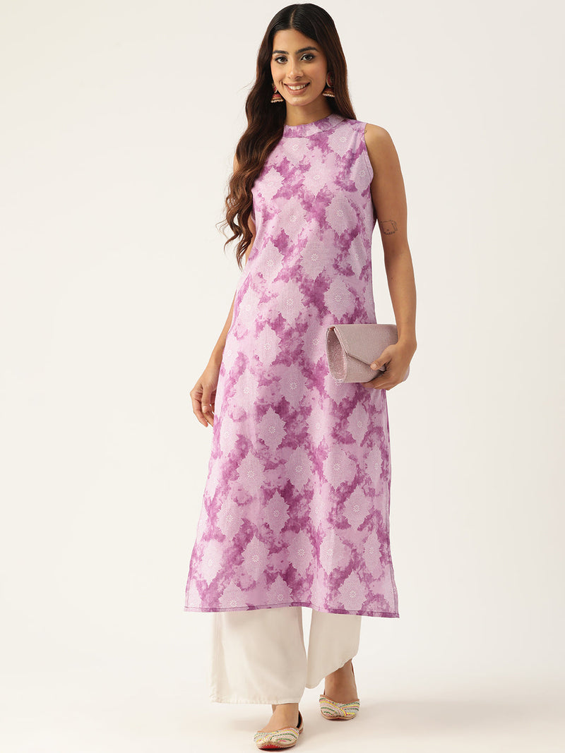 Cotton Printed Sleeveless Straight Long Kurti