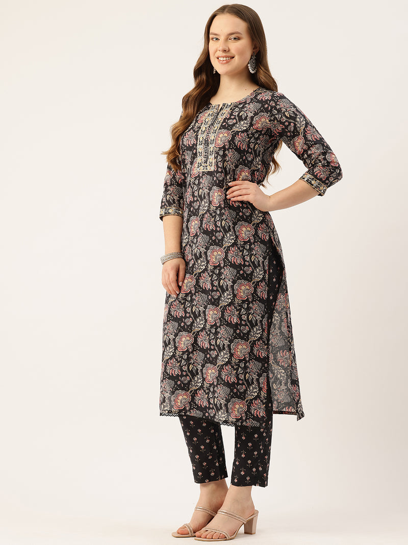 Straight Dupatta Sets - V-Neck, 3/4 Sleeves with Border Detailing, Elastic Waistband Pants with Pockets & Full-Length Dupatta (M-XXL)