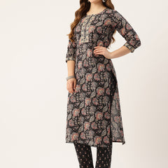 Straight Dupatta Sets - V-Neck, 3/4 Sleeves with Border Detailing, Elastic Waistband Pants with Pockets & Full-Length Dupatta (M-XXL)