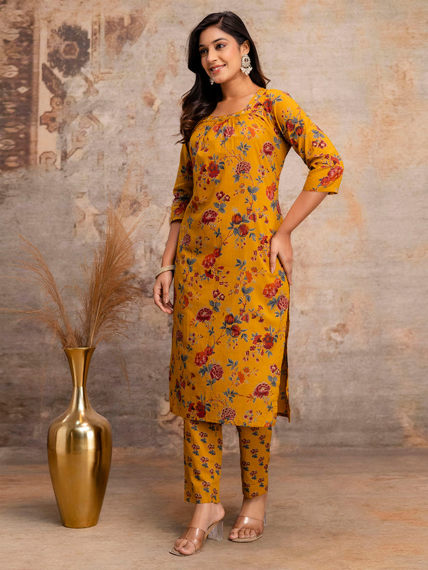 Pure Cotton Mustard Printed 3-Piece Kurta Set with Square Neckline & Dupatta