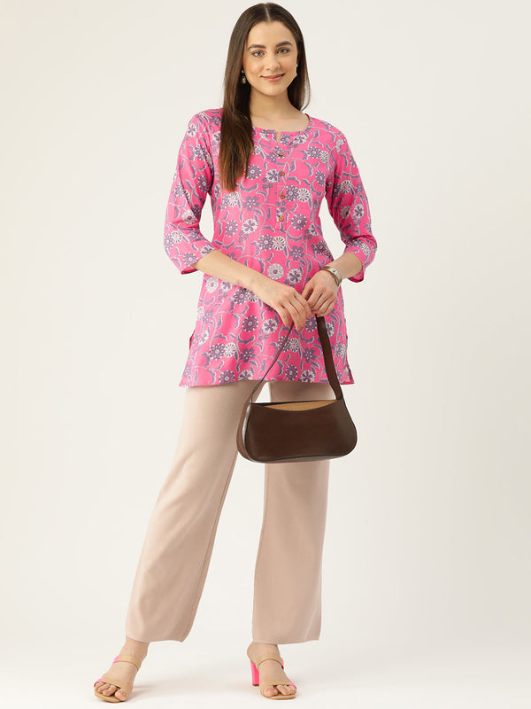 Floral Print 4 Button Straight Kurti