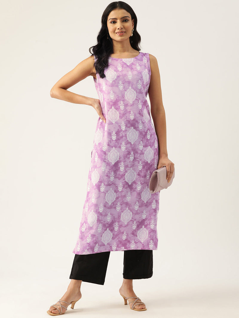 Cotton Boat Neck Sleeveless Straight Kurti