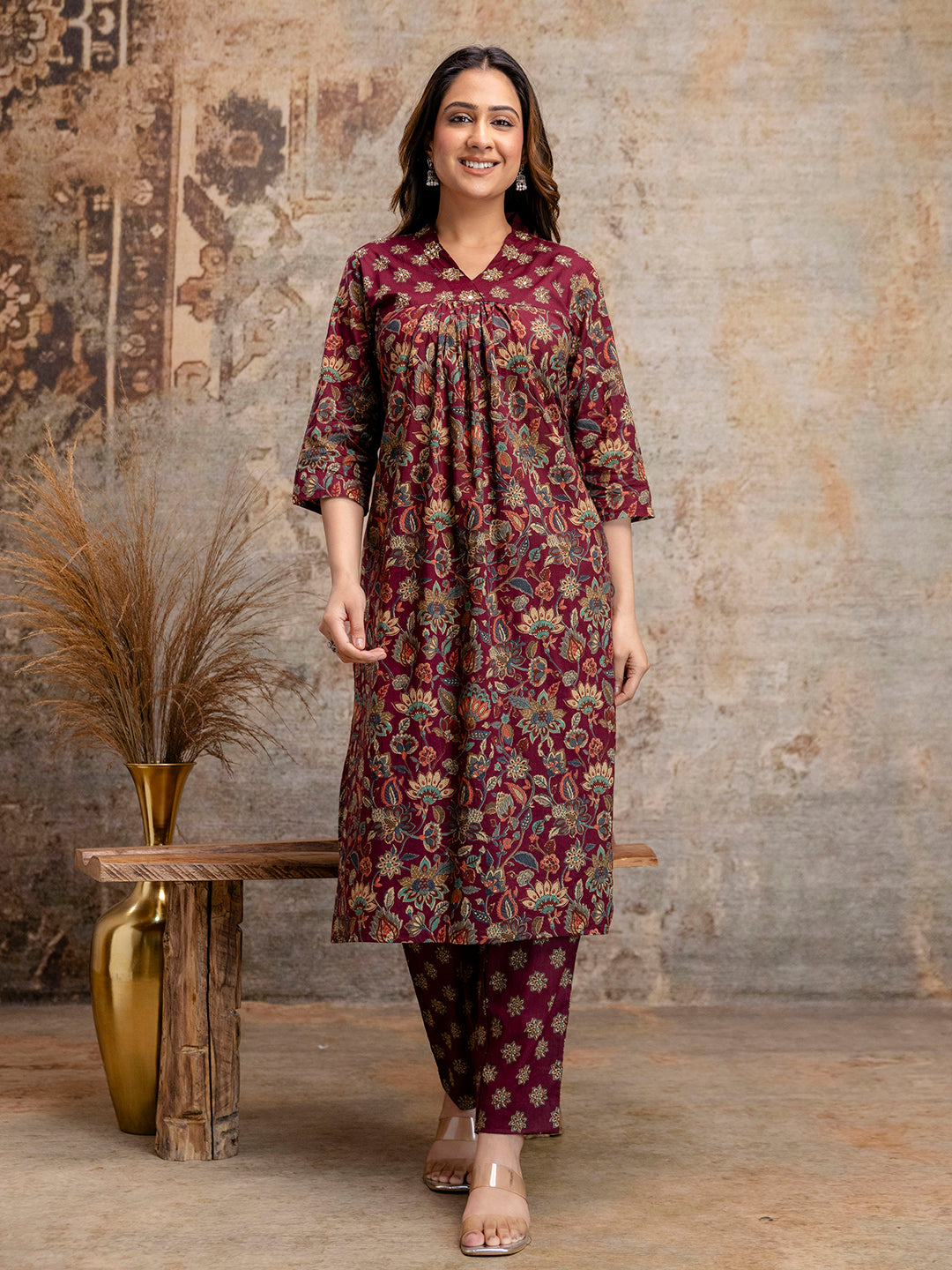 Pure Cotton Maroon V-Neck 3-Piece Kurta Set with Printed Pure Cotton Maroon V-Neck 3-Piece Kurta Set with Printed