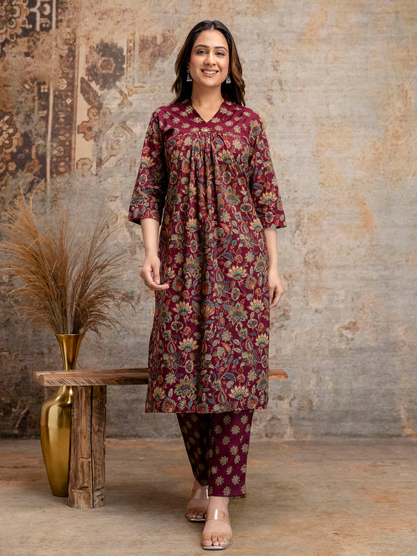 Pure Cotton Maroon V-Neck 3-Piece Kurta Set with Printed Dupatta