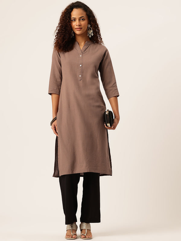 Women’s Solid Long Kurti with Mandarin Collar, 3/4 Sleeves & Pocket | Plain Elegant Cotton Kurta for Daily & Office Wear