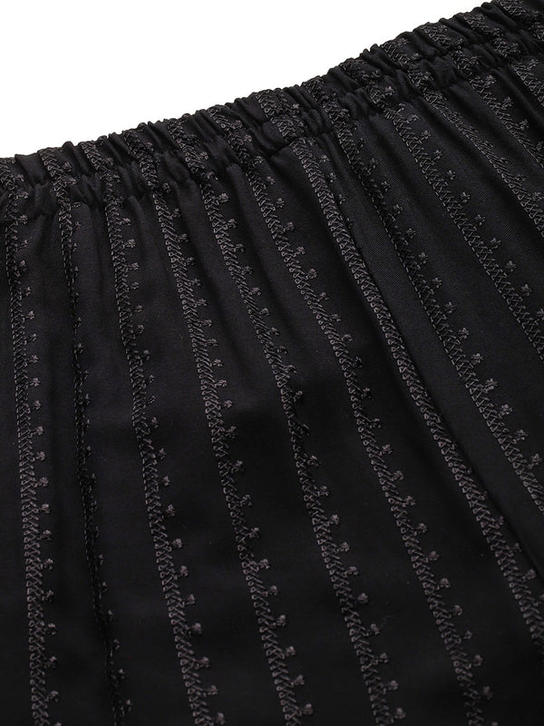 Black Black Embroidered Cotton Palazzos–Elastic Waist & Ankle-Length with Side Pocket