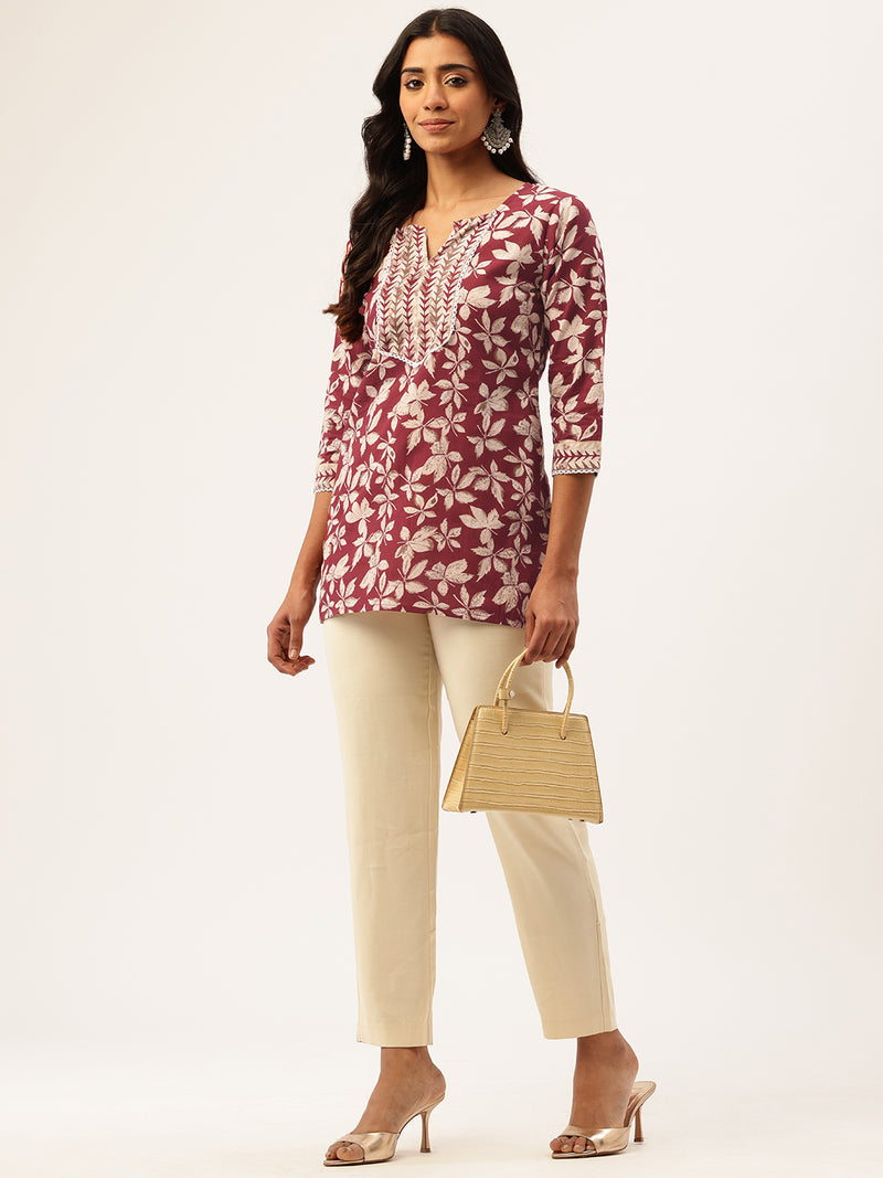 Empress Short Kurti for Women - V-Cut Neckline with Border Detail & 3/4 Sleeves