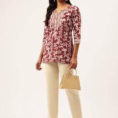 Empress Short Kurti for Women - V-Cut Neckline with Border Detail & 3/4 Sleeves