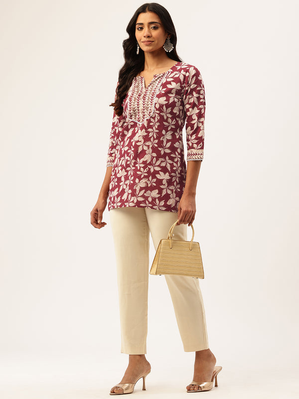 Empress Short Kurti for Women - V-Cut Neckline with Border Detail & 3/4 Sleeves