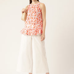 Cropped Sleeveless Elasticated Neck Bottom Flared Top with digital print on linen fabric.  | Size- Small |  Colour - White, Peach
