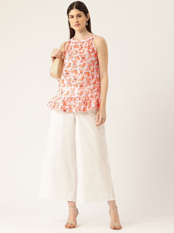Cropped Sleeveless Elasticated Neck Bottom Flared Top with digital print on linen fabric.  | Size- Small |  Colour - White, Peach