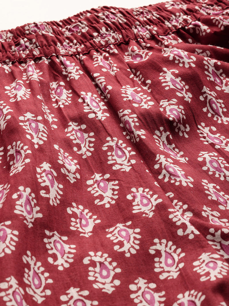 Maroon Women Pure Cotton Paisley Printed Palazzo Pants | Elastic Waist | Wide Leg