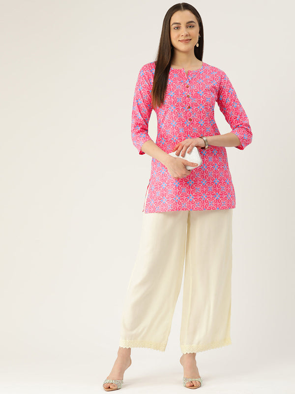 Floral Print 4 Button Straight Kurti