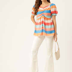 Cropped v-neck peplum puff sleeved top with digital print on linen fabric.