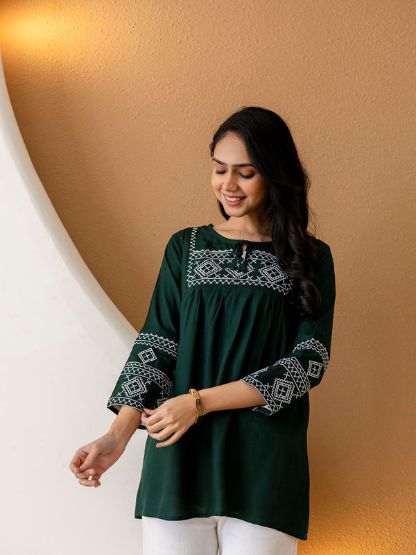 Solid Hip Length Embrioded 3/4 Sleeves Kurti