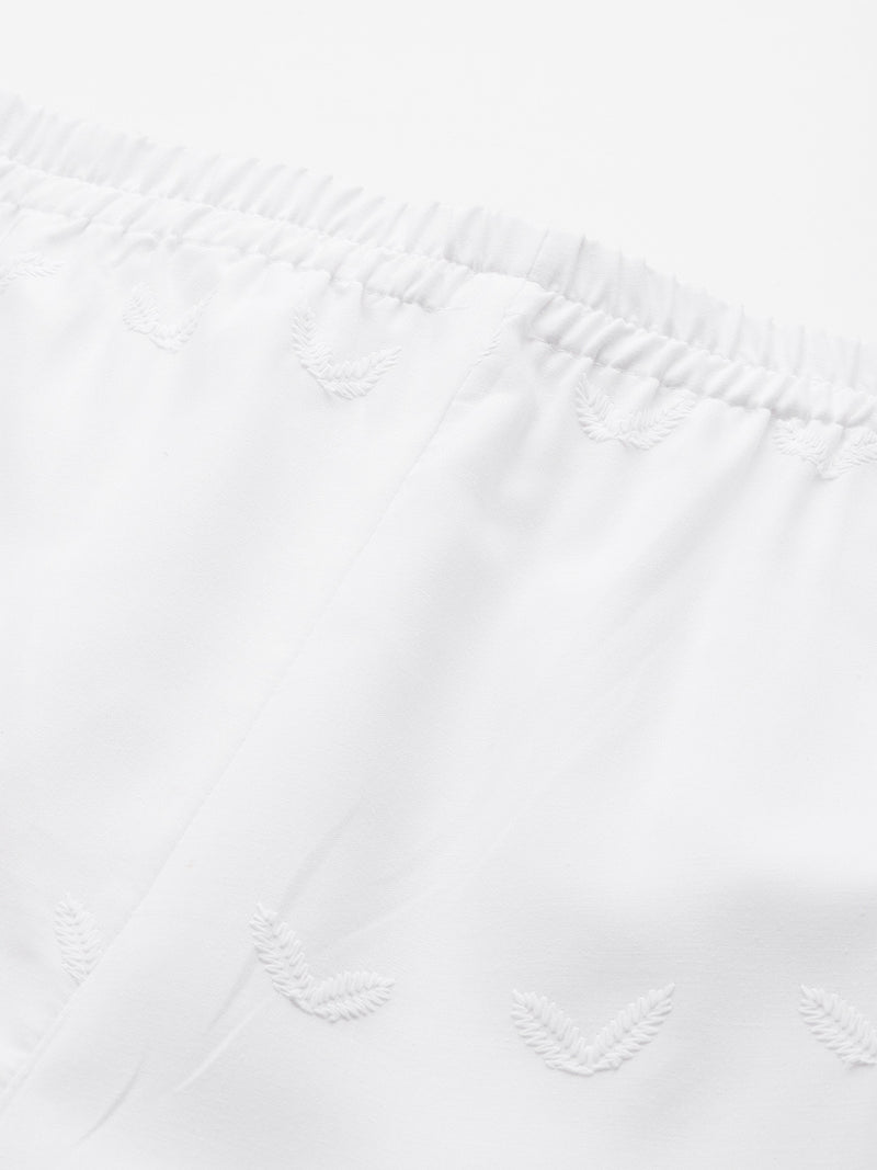 White Embroidered Palazzos–Fully Lined, Elastic Waist & Ankle-Length with Side Pocket