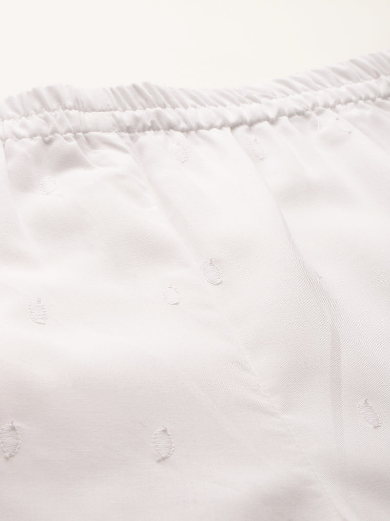 White Embroidered Palazzos–Fully Lined, Elastic Waist & Ankle-Length with Side Pocket