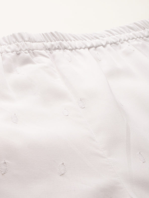 White Embroidered Palazzos–Fully Lined, Elastic Waist & Ankle-Length with Side Pocket