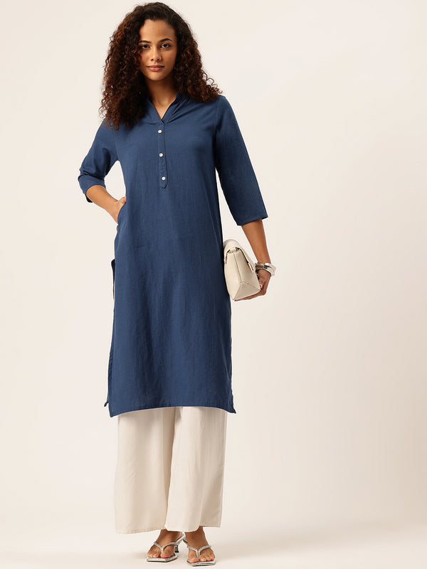 Women’s Solid Long Kurti with Mandarin Collar, 3/4 Sleeves & Pocket | Plain Elegant Cotton Kurta for Daily & Office Wear
