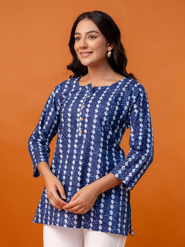 Chic Printed Short Kurti with Round Neck & 3/4 Sleeves