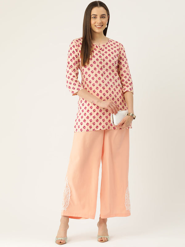 Floral Print 4 Button Straight Kurti
