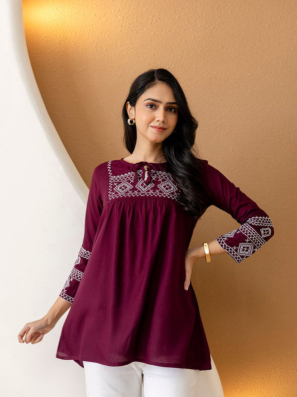 Solid Hip Length Embrioded 3/4 Sleeves Kurti