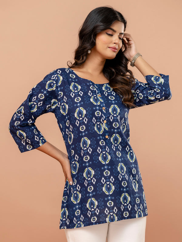 Chic Printed Short Kurti with Round Neck & 3/4 Sleeves
