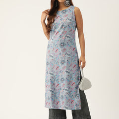 Cotton Boat Neck Sleeveless Straight Kurti