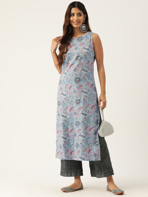 Cotton Boat Neck Sleeveless Straight Kurti