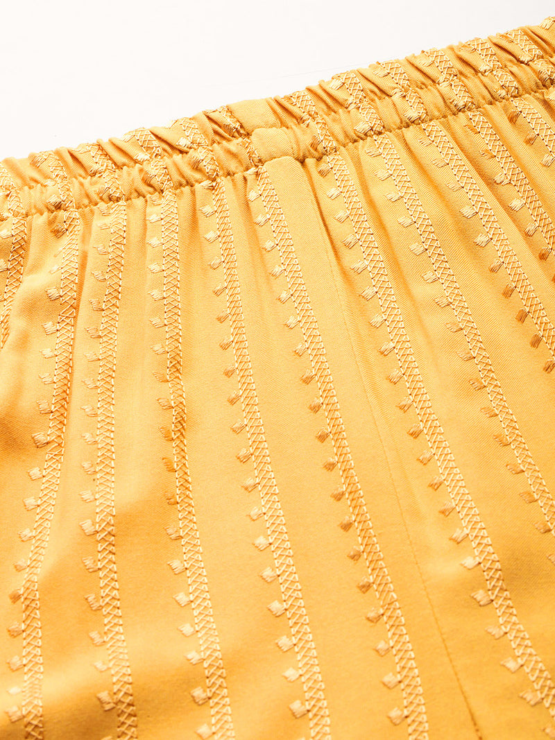 yellow Yellow Embroidered Cotton Palazzos–Elastic Waist & Ankle-Length with Side Pocket