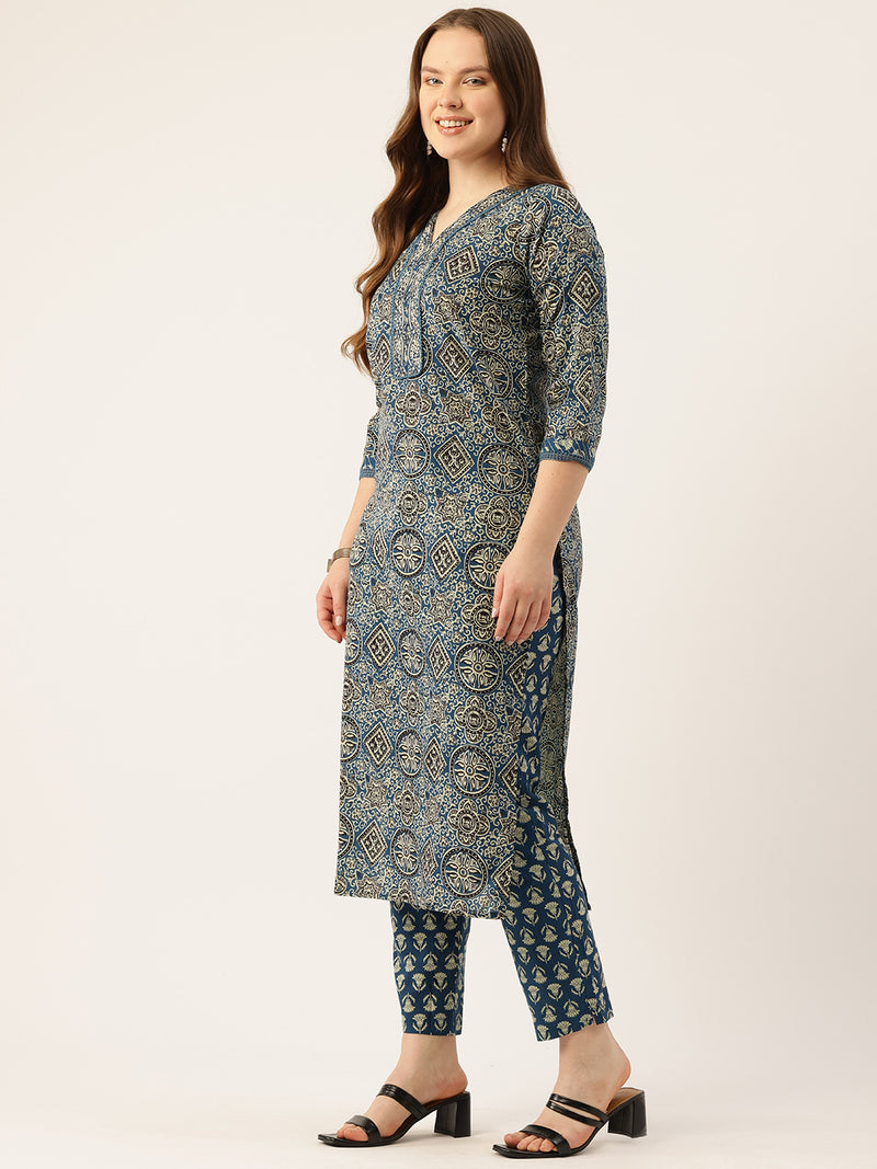 Straight Dupatta Sets - V-Neck, 3/4 Sleeves with Border Detailing, Elastic Waistband Pants with Pockets & Full-Length Dupatta (M-XXL)