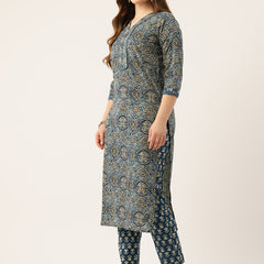 Straight Dupatta Sets - V-Neck, 3/4 Sleeves with Border Detailing, Elastic Waistband Pants with Pockets & Full-Length Dupatta (M-XXL)